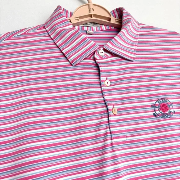 Peter Millar Summer Comfort Golf Polo Men Sz L Blue White Pink Stripe Preppy EUC - Picture 13 of 15